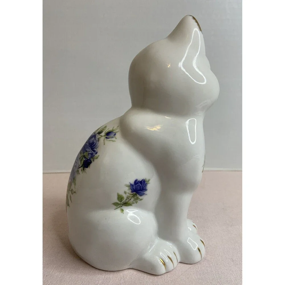 1980s Baum Brothers Blue Victorian Rose Collection Porcelain Cat